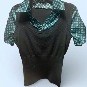 Polka Dot Blouse with Black Knit Overlay